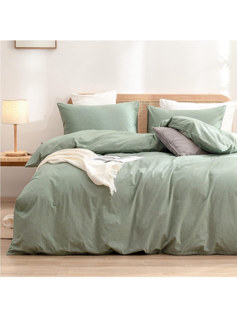 NEW BESTOUCH 100% Washed Cotton Duvet Cover Set. Linen Feel. 3 PCs Green Full